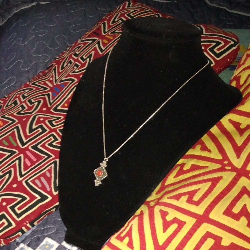 Sterling Silver Pendant On 16" Sterling Box Chain Red Coral Stone Artist Marked